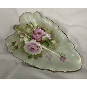 Lefton Heritage Green Pink Cabbage Roses Leaf Dish #1860 Gold Trim Japan Vtg